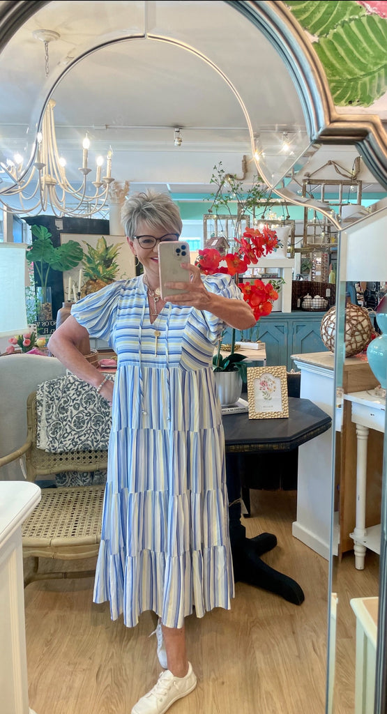 blue and yellow striped dress BLUE VOYAGE STRIPE MIDI DRESS main image 0